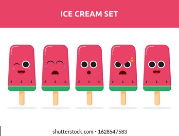 Ice cream set of five different expressions. Wink, sad, shocked, angry and smile. Vector cartoon illustration