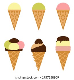 Ice cream set. Flat design. Different filling waffle cones. Isolated vector illustration on white background. Print on paper, fabric, ceramic