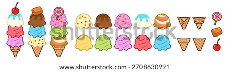 Ice Cream Set in Flat Graphic Design with Scoops, Waffle Cones, Candy, and Toppings Cute Pastel Dessert Illustration Collection.