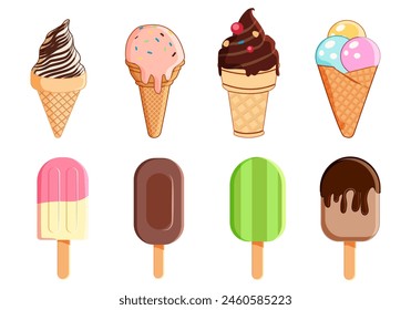 ice cream set in flat stile for manners cards stickers books and many purposes. Vector illustration