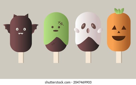 Ice cream set in the form of a vampire, monster, ghost and pumpkin, food icons 