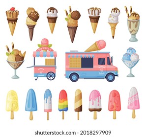 Ice Cream Set, Fresh Cold Sweet Tasty Desserts, Waffle Cones, Popsicles and Ice Cream Vendor Truck Cartoon Vector Illustration