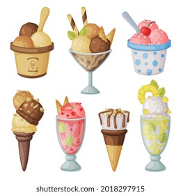 Ice Cream Set, Fresh Cold Sweet Tasty Desserts of Different Flavors Collection Cartoon Vector Illustration