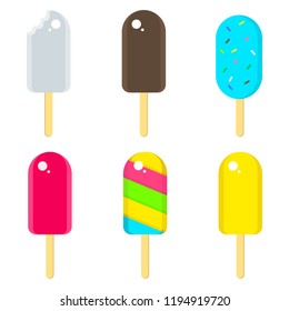 Ice cream set. Frozen dessert. Chocolate, fruit, nut cooled chilled sweet cream on a stick. Flat cartoon illustration.