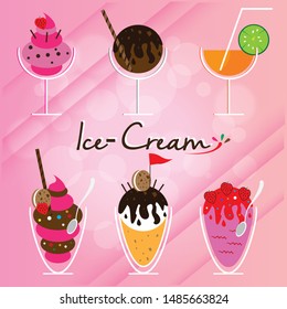 Ice cream set and fruit juice vector isolated on pink background- Vector.