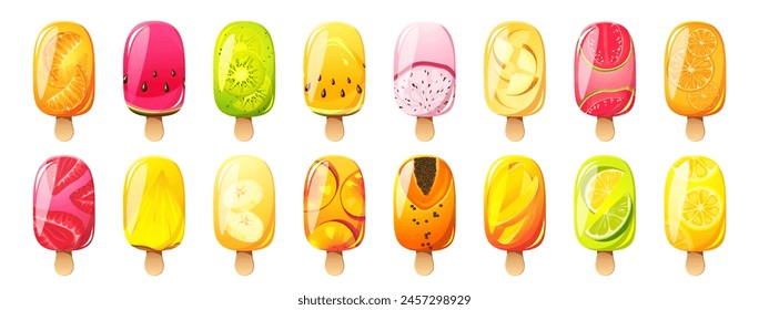 Juego de helados, paleta de frutas en un palo de madera con trozos de fruta. Postre frío de verano, jugo congelado, hielo de frutas. Ilustración vectorial.