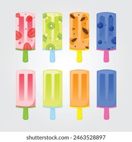 Ice cream set, fruit popsicle with pieces of fruit. Summer cold dessert,  fruit ice. Vector illustration EPS 10