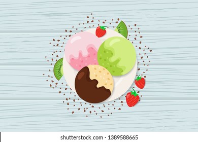 Ice cream set with fruites on plate. Vector illustration.