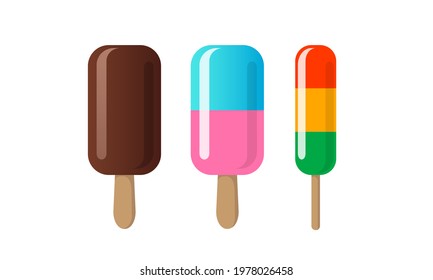 Ice cream set. Glazed ice cream on a stick, fruit ice cream and frozen juice. Flat vector illustration.