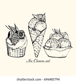 Ice cream set. Set of graphic hand drawn. Vector illustration.  Ice cream with berries.