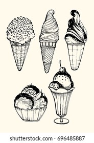Ice cream set. Set of graphic hand drawn. Vector illustration. Ice cream in glass bow, wafer cone.