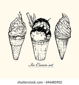 Ice cream set. Set of graphic hand drawn. Vector illustration. Ice cream with chocolate, wafer cone.