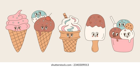 Ice cream set in groovy style. Funny cartoon retro characters with faces of the 70s. Vector Illustration