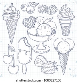 Ice cream set. Hand drawn illustrations, ice cream in a waffle cup and different berries