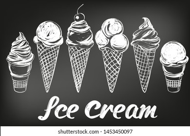 Ice cream set hand drawn vector illustration sketch, drawn in chalk on a black Board