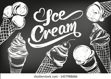 Ice cream set hand drawn vector illustration sketch, drawn in chalk on a black Board