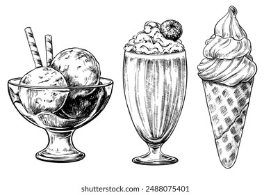 Ice cream set hand drawn vintage vector sketch drawing