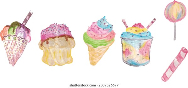 ice cream set. hand drawn by crayon pencil. for kids' illustration and book
