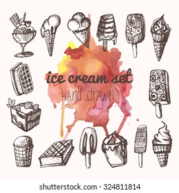 Ice Cream Set. Hand drawn vector illustrations, watercolor background.