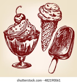 Ice cream set  hand drawn vector illustration realistic sketch