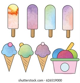 Ice cream set in hand drawn watercolor and marker style. Vector illustration, isolated design elements for menu, cafe and other food business