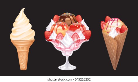 Ice cream set in high quality.soft ice cream,sundae or in wafer cone.topping with strawberry enjoy!