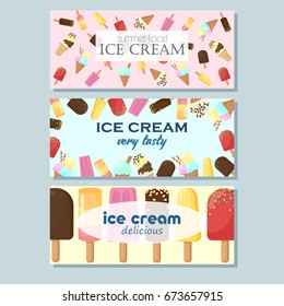 Ice cream set of horizontal banner. Delicious sweet desserts. Colorful summer cards. Vector illustration