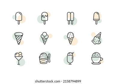 Ice cream set icon. Cone, on a stick, in glaze, in chocolate, wafer, sugar cup, ice cream ball, etc. Sweety concept. Vector line icon for Business and Advertising