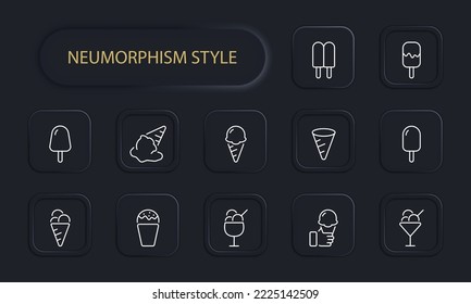Ice cream set icon. Cone, popsicle, glaze, ice cream, coffee, plate, portion, street food, cafe, fast food, harmful, sweet, delicious, dessert. Eating concept. Neomorphism style.