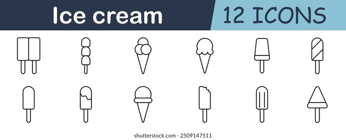 Icono de conjunto de helado. Cono, paleta, palo, postre, congelado, tratar, dulce, lácteo, refresco, bocado, comida, verano, enfriamiento, sabor, indulgencia, frío, congelado, hielo