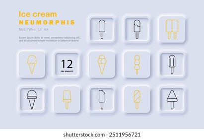 Icono de conjunto de helado. Cono, paleta, postre, dulce, helado, congelado, verano, comida, bocadillo, refrescante, estilo neomórfico, postre frío