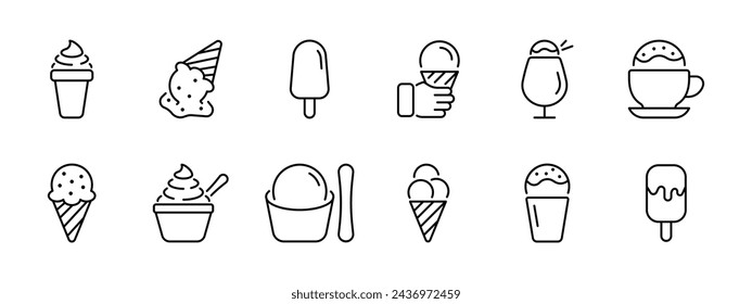 Icono de helado. Helado en una taza, en un palo, en una taza, en un vaso, en una taza, en un recipiente. Esmalte, transferencia de helado, helado con aditivos. Icono de línea vectorial sobre fondo blanco.