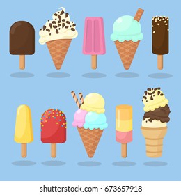 Ice cream set icon. Delicious sweet desserts. Colorful summer icon.  Isolated vector illustration