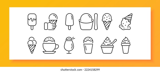 Ice cream set icon. Eskimo, cone, icing, cup, street food, cafe, dessert, sweet, delicious, restaurant, glass, balls, cold, eating out, cooking, kitchen, coffee house. Food concept. Vector line icon