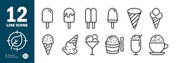 Ice Cream Set Icon. Frozen Juice, Ice Cream On A Stick, In A Plate, Balls, Ice Cream Fable, Etc. Sweety Concept. Vector Line Icon For Business And Advertising