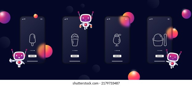 Ice cream set icon. Glaze, chocolate, on a stick, ice cream, frozen juice, in a sugar glass, sweetness. Yummy concept. Glassmorphism. UI phone app screen. Vector line icon for Business