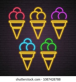 Ice Cream Set Icon Neon Light Glowing  with Dark Background