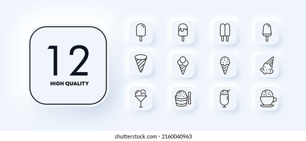 Ice cream set icon. Parfait, frozen yogurt, ice cream sundae, , yummy, vanilla, chocolate in a waffle and on a stick. Sweety concept. Neomorphism style. Vector line icon for Business and Advertising