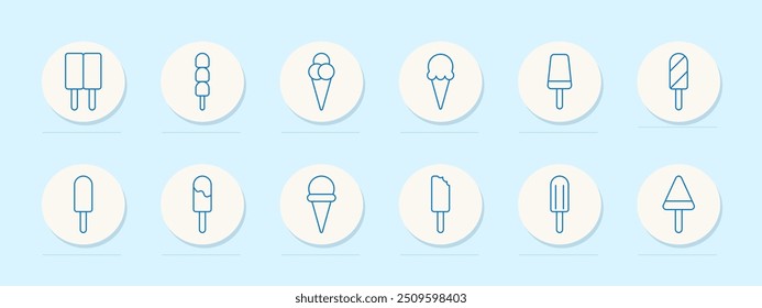 Ice cream set icon. Popsicle, cone, scoop, stick, double, triple, swirl, bite, dessert, frozen, sweet, summer, snack, dairy, treat, ice cream parlor, food, refreshment, confectionery