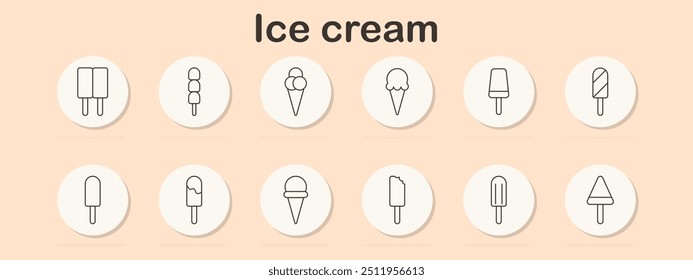 Icono de conjunto de helado. Paleta de helado, cono, cucharadas, porción suave, golosina congelada, postre, verano, dulce, paletas de hielo, comida, lácteos, bocadillo, refresco, frío, heladería, confitería