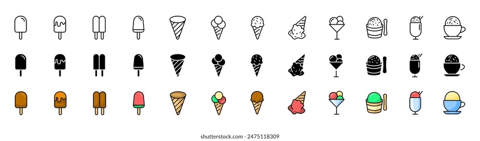 Ice cream set icons. Ice Cream Stick Icons. Linear, silhouette and flat styles. Vector icons.