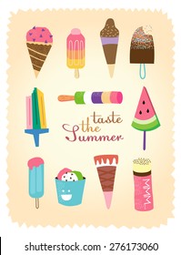 Ice cream set.  illustration with lettering, taste the summer. Vector background