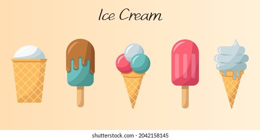 Helado. Conjunto de ilustraciones. Delicioso helado sobre un palo y en un vaso.