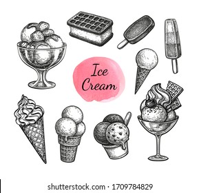 Ice cream set. Ink sketch collection isolated on white background. Hand drawn vector illustration. Retro style.