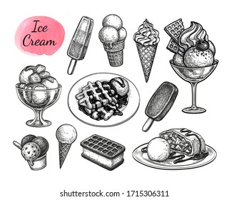 Ice cream set. Ink sketch collection isolated on white background. Hand drawn vector illustration. Retro style.