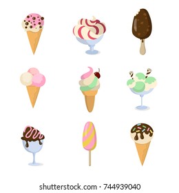 Ice cream set. Isolated ice cream cones and popsicles on white background.