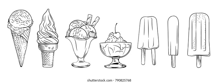 Ice cream set. Isolated line art vector illustration in black and white.