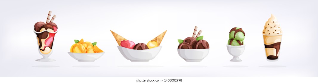 Ice cream set isolated on a white background. Summer colorful background. Tasty cute appetizing food collection. Simple realistic modern design. Flat style vector illustration.