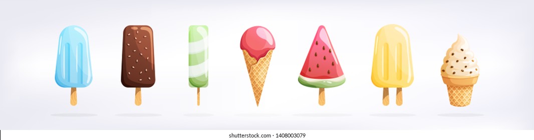 Ice cream set isolated on a white background. Summer colorful background. Tasty cute appetizing food collection. Simple realistic modern design. Flat style vector illustration.