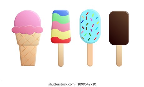 Ice cream set isolated on a white background. Summer colorful background. Tasty cute appetizing food collection. Simple realistic modern design. Flat style vector illustration